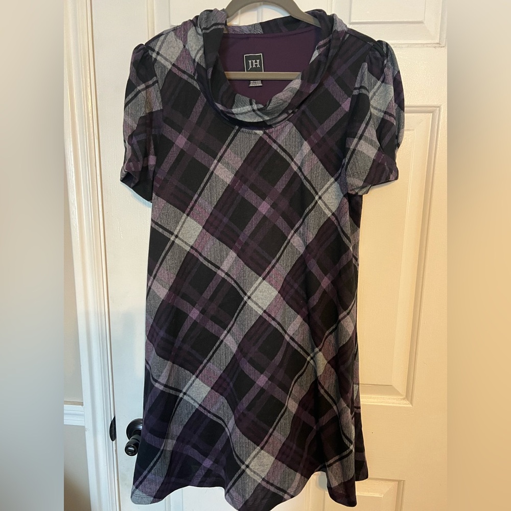 Plaid Cowl Neck Mini Dress in Purple and Black